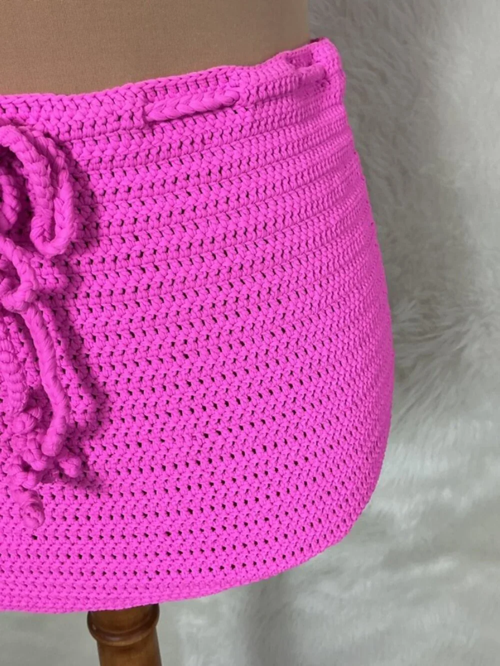 Skims Taffy Pink Crochet Knit Tie Swim Mini Skirt NWT M